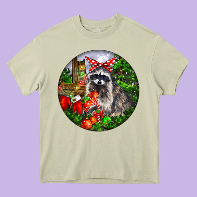 Christmas Raccoon Heavy Core Tee Designed By Lillyallendesigns