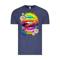 Vintage Denim rainbow lips with daisies Vintage Tee - texasbilliewilder