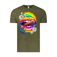 Vintage Olive rainbow lips with daisies Vintage Tee - texasbilliewilder