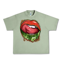 Oil Green watermelon lips with leopard Urban Heavy Tee - texasbilliewilder
