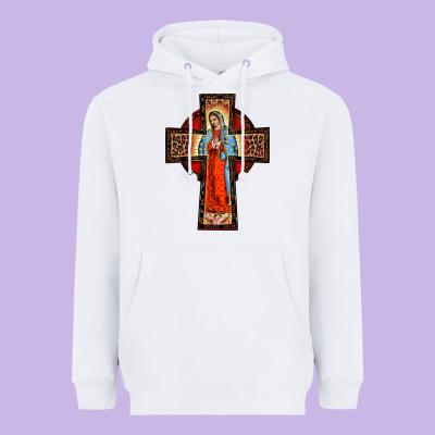 Lady Of Guadalupe Leopard Cross Heavyweight Hoodie Designed By Barkaloodesign