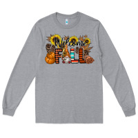 Heather Grey Welcome Fall Pumpkin Long Sleeve Tee - CowhideDigitalArt