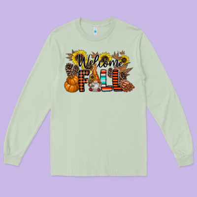 Welcome Fall Pumpkin Long Sleeve Tee Designed By Cowhidedigitalart