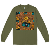Army Green western sunflowers camera seamless pattern Long Sleeve Tee - HRA Design Shop