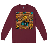 Burgundy western sunflowers camera seamless pattern Long Sleeve Tee - HRA Design Shop