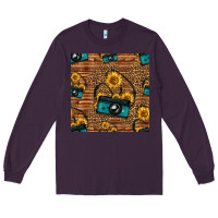 Plum western sunflowers camera seamless pattern Long Sleeve Tee - HRA Design Shop