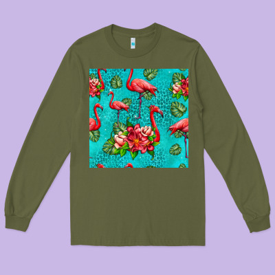 Flamingo Seamless Pattern Long Sleeve Tee Designed By Hra Design Shop