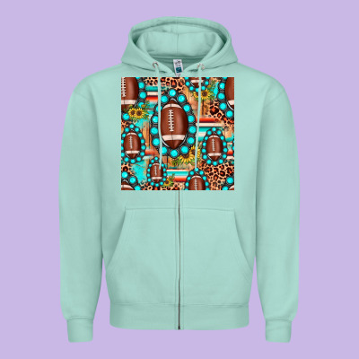 Football Leopard Turquoise Gemstone Sunflower Seamless Pattern Zipper Hoodie Designed By Jahusdesignshop