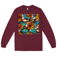 Burgundy sunflower horses seamless pattern Long Sleeve Tee - HRA Design Shop