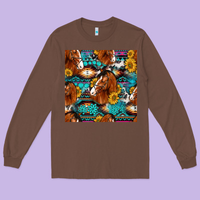 Sunflower Horses Seamless Pattern Long Sleeve Tee Designed By Hra Design Shop