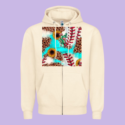 Baseball Leopard Turquoise Cactus Sunflower Seamless Pattern Zipper Hoodie Designed By Jahusdesignshop
