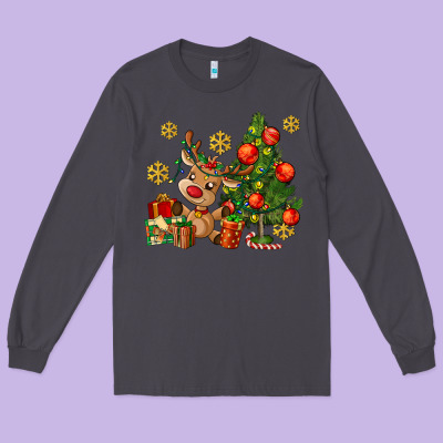 Reindeer And Christmas Tree Long Sleeve Tee Designed By Adodesignshop