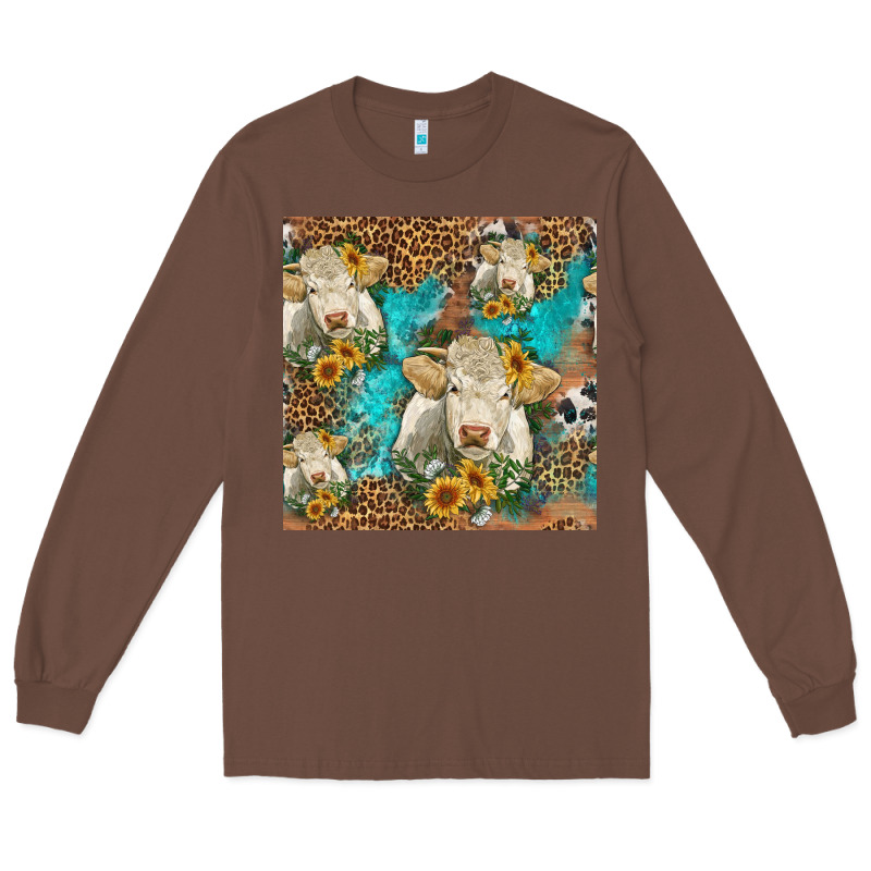 Sunflowers Charolais Cow Seamless Pattern Long Sleeve Tee by HRA Design Shop | Teevron