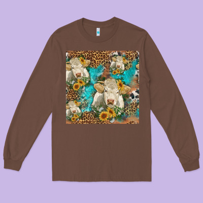 Sunflowers Charolais Cow Seamless Pattern Long Sleeve Tee Designed By Hra Design Shop