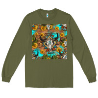 Army Green aztec bull skull seamless pattern Long Sleeve Tee - HRA Design Shop