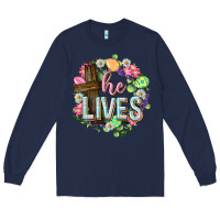 Navy He lives Easter with flowers Long Sleeve Tee - Neo Western