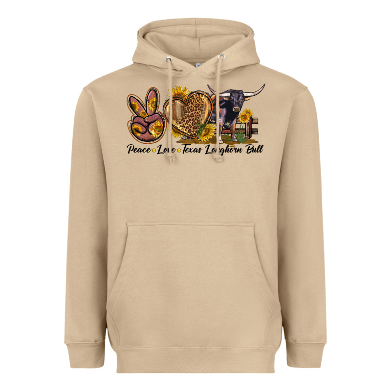 Peace Love Texas Longhorn Bull Heavyweight Hoodie by LillyAllenDesigns | Teevron