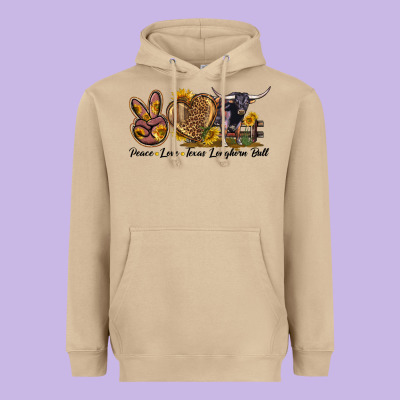 Peace Love Texas Longhorn Bull Heavyweight Hoodie Designed By Lillyallendesigns