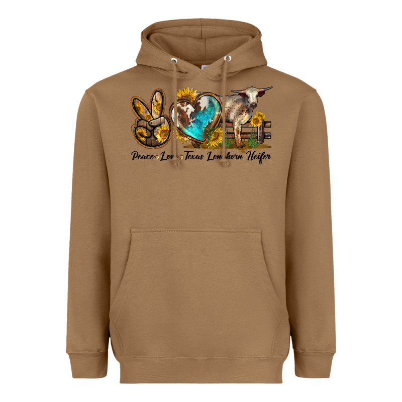 Peace Love Longhorn Heifer Heavyweight Hoodie by LillyAllenDesigns | Teevron