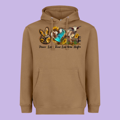 Peace Love Longhorn Heifer Heavyweight Hoodie Designed By Lillyallendesigns