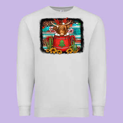 Hot Coco Christmas Highland Cow With Background Premium Sweatshirt Designed By Jasminsmagicworld