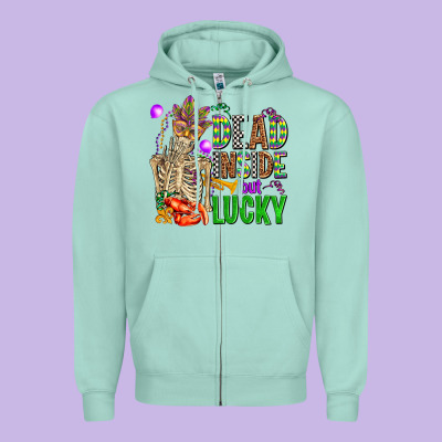 Mardi Gras Dead Inside But Lucky  With Skeleton Zipper Hoodie Designed By Adodesignshop