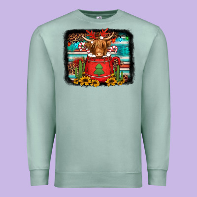 Hot Coco Christmas Highland Cow With Background Premium Sweatshirt Designed By Jasminsmagicworld