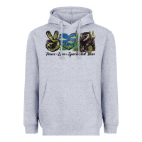 Heather Grey Peace Love Spectacled Bear Heavyweight Hoodie - LillyAllenDesigns
