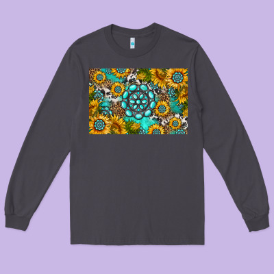 Western Turquoise And Sunflowers Skinny Metal Can Holder Long Sleeve Tee Designed By Hra Design Shop