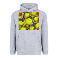 Heather Grey tennis ball with sunflower and racket Heavyweight Hoodie - BarkalooDesign
