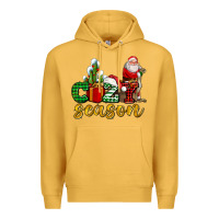Mustard cozy season with santa christmas tree cactus and gift Premium Hoodie - AdoDesignShop