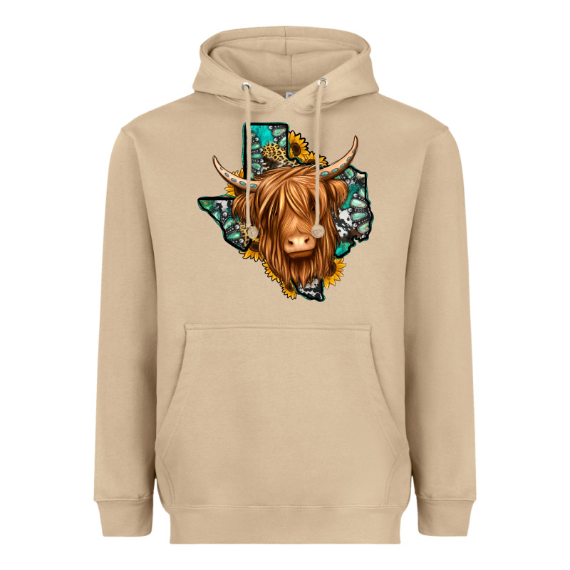 Texas Map Long Haired Shaggy Cow Heavyweight Hoodie by Jasminsmagicworld | Teevron