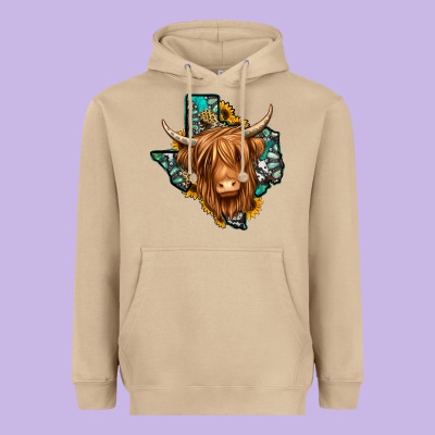 Texas Map Long Haired Shaggy Cow Heavyweight Hoodie Designed By Jasminsmagicworld