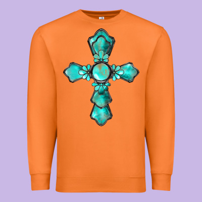 Western Turquoise Gemstone Cross Premium Sweatshirt Designed By Barkaloodesign