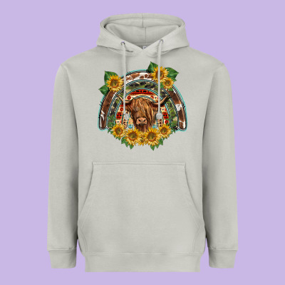Scottish Calf Sunflowers Rainbow Heavyweight Hoodie Designed By Barkaloodesign