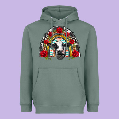 Black And White Baby Cow Floral Rose Rainbow Heavyweight Hoodie Designed By Barkaloodesign