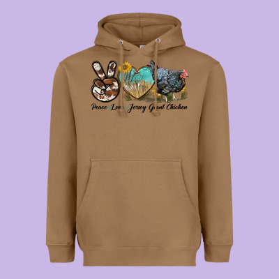 Peace Love Jersey Giant Chicken Heavyweight Hoodie Designed By Lillyallendesigns