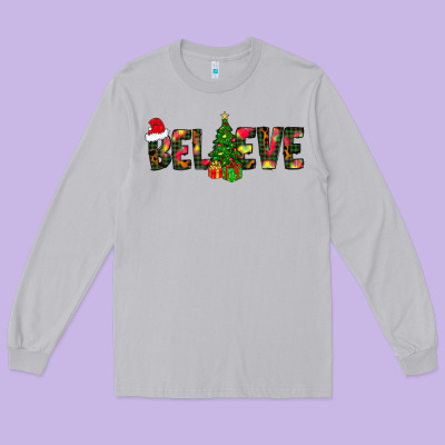 Believe Christmas Long Sleeve Tee Designed By Cowhidedigitalart