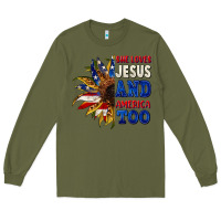 Army Green She loves Jesus and America too 4th of july Long Sleeve Tee - CowGirlArtShop