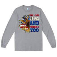 Heather Grey She loves Jesus and America too 4th of july Long Sleeve Tee - CowGirlArtShop