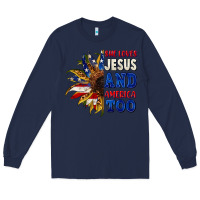 Navy She loves Jesus and America too 4th of july Long Sleeve Tee - CowGirlArtShop