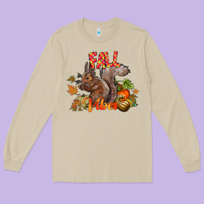 Fall Vibes Squirrel Long Sleeve Tee Designed By Cowhidedigitalart