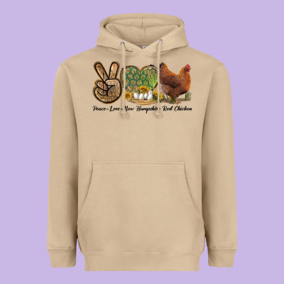 Peace Love New Hampshire Red Chicken Heavyweight Hoodie Designed By Lillyallendesigns