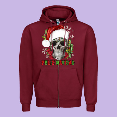 Feliz Navidad Skull Cactus Zipper Hoodie Designed By Jahusdesignshop