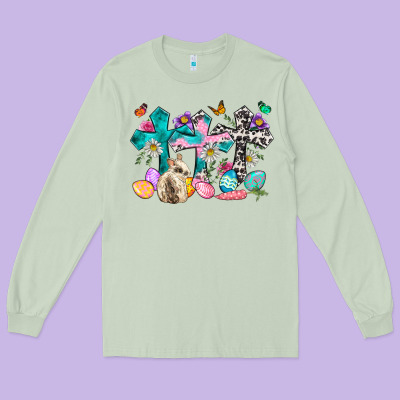 Western Rabbit With Cross And Flowers Long Sleeve Tee Designed By Neo Western