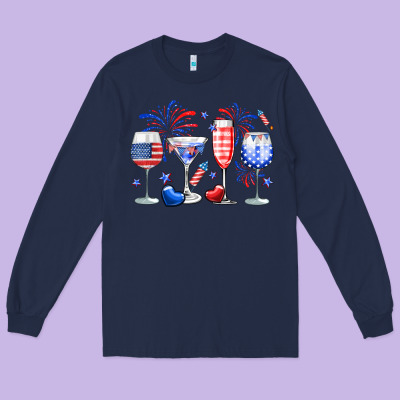 4th Of July Wine Glasses Long Sleeve Tee Designed By Neo Western