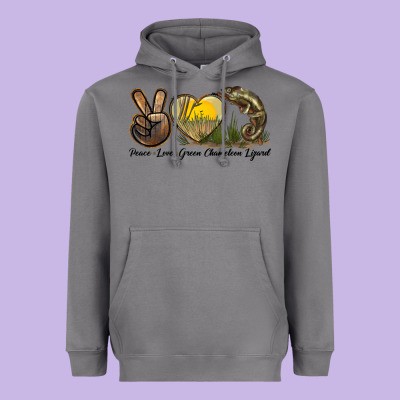Peace Love Green Chameleon Lizard Heavyweight Hoodie Designed By Lillyallendesigns