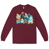 Burgundy winter snowman coffee cups Long Sleeve Tee - AdoDesignShop
