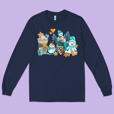 Winter Snowman Coffee Cups Long Sleeve Tee Designed By Adodesignshop