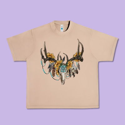 Boho Deer Skull Sunflowers And Gemstone Urban Heavy Tee Designed By Ranaportraitstore